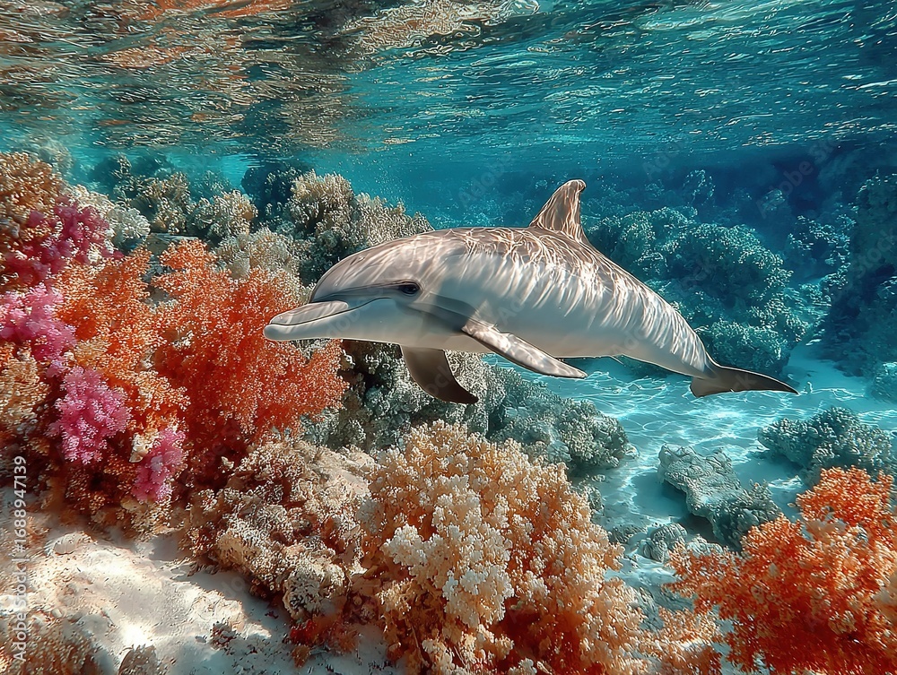 Fototapeta premium Dolphins Playing Among the Corals, Marine Life, Coral Reef, Ocean Ecosystem, Underwater World