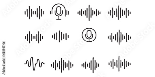 Podcast sound waves. Audio waveforms line icons, sound wave frequency or voice microphone signals. Music, podcast and broadcast, UI and audio branding design. Isolated vector set