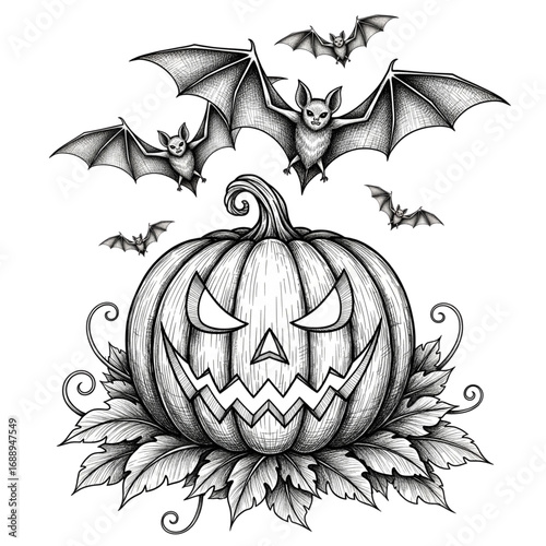 Detailed Spooky Vintage Halloween Jackolantern Pumpkin Flying Bats Autumn Leaves Black and White Sketch Art