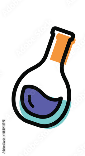 A colorful laboratory flask filled with a purple liquid and teal water science experiment research discovery concept