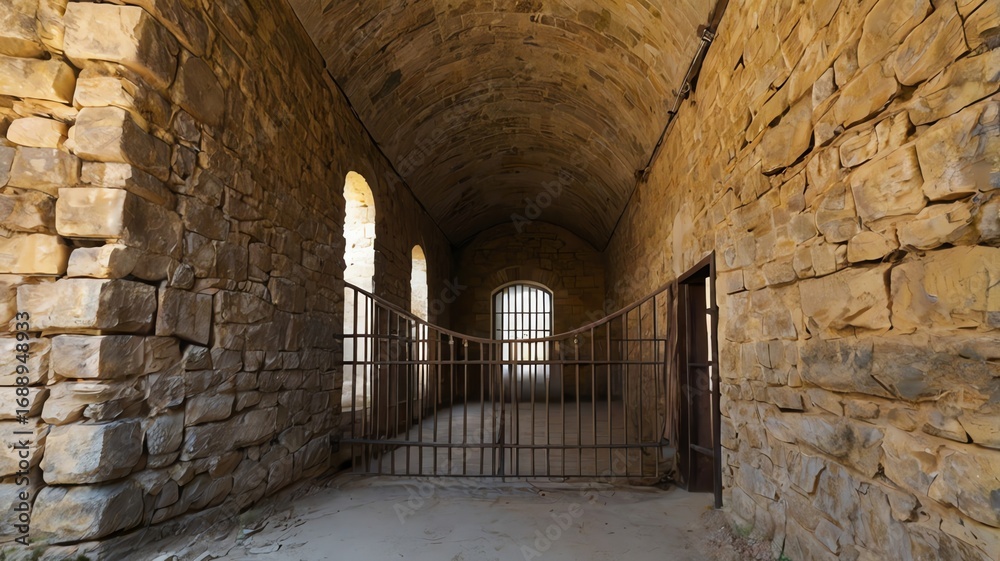 Fototapeta premium Ancient Medieval Stone Corridor with Arched Ceiling