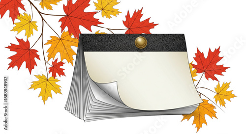 Vibrant autumn season desk calendar with blank pages and colorful red and yellow maple leaves illustration on a crisp, white backdrop