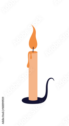 A tall lit candle with a dripping wax and a curved candle holder casting a shadow of darkness