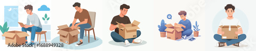 vector of a man opening a cardboard box