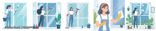 vector of a woman cleaning a window glass