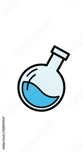Simple illustration of a round-bottomed laboratory flask containing a blue liquid for scientific experiments and chemical research