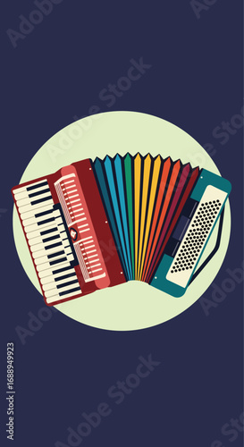 Colorful accordion musical instrument illustration with warm tones and simple retro design elements for a nostalgic feel