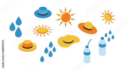 Colorful weather symbols and hats in isometric design