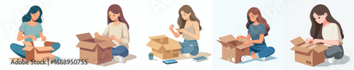 vector of a woman opening a cardboard box
