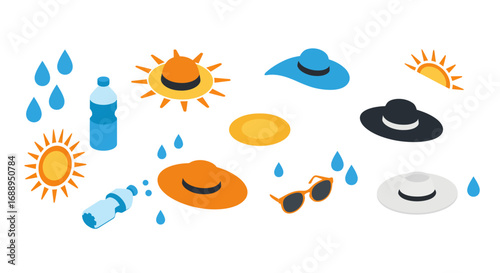 Isometric summer essentials with hats, suns, and water elements in blue, orange, and yellow