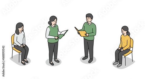 Isometric office team discussion and collaboration scene with casual attire