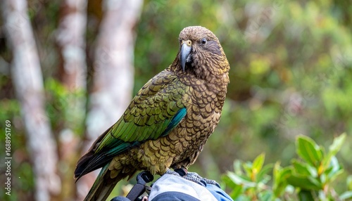 A kea parrot perched on a backpack, eyes glimmering with playful mischief
