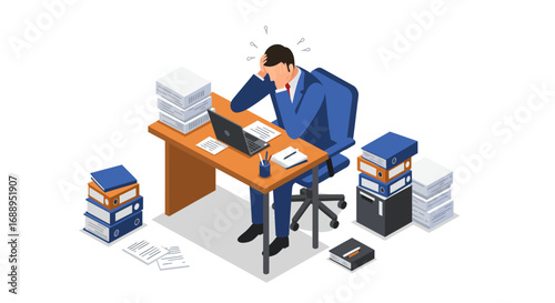 Frustrated office worker overwhelmed by paperwork at desk