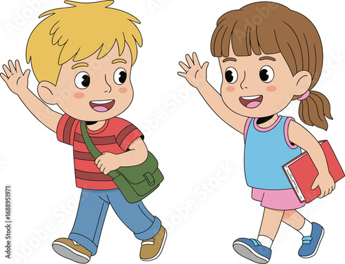 Cartoon illustration of happy school kids walking together with bag and book, boy and girl going to school vector design.
