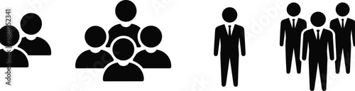 Black group and team icons, people and business silhouettes, leadership, teamwork symbols, corporate concept, flat vector illustration.