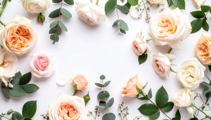 Flat lay of pastel roses and eucalyptus on white, elegant floral frame.