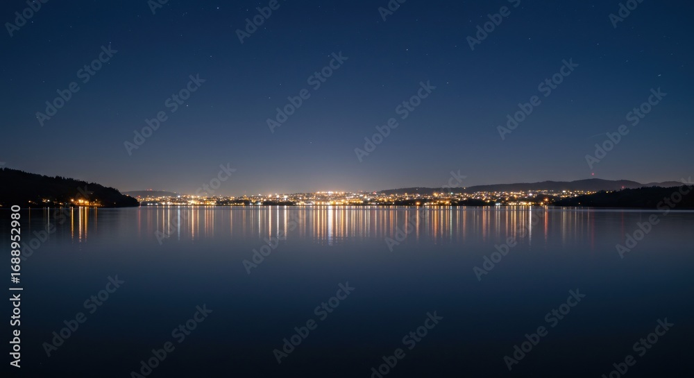 Fototapeta premium City lights reflected on still water at night (2)