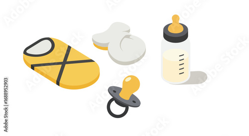 Isometric baby essentials: bottle, pacifier, blanket, and toy