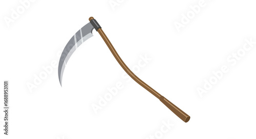 Traditional scythe with curved wooden handle and reflective metal blade on white background