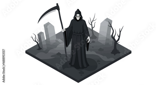 Grim reaper in dark graveyard scene with scythe and tombstones