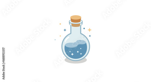 Magical potion flask with sparkles on white background