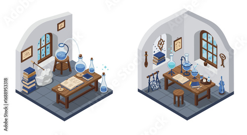 Isometric alchemy laboratory room with equipment, books, and vintage decor