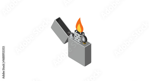 Isometric metallic lighter with open lid and flame on white background