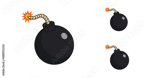 Classic cartoon bomb icons with burning fuses on white background