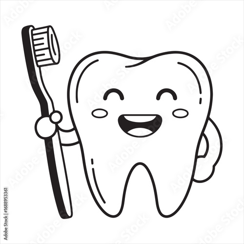 Vector illustration for a health awareness poster about dental hygiene, showing a smiling tooth character with a toothbrush, minimalistic clean line art style