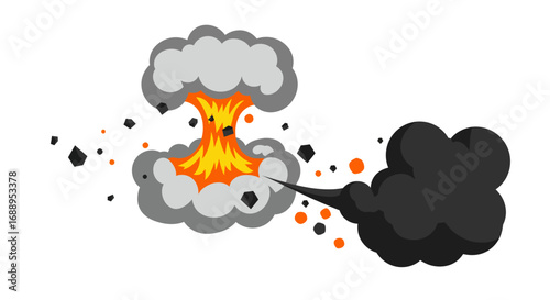 Cartoon explosion with smoke and fire in flat style isolated on white background