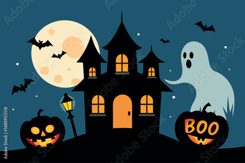 vector silhouette of Halloween Haunted House with Ghost and Pumpkins