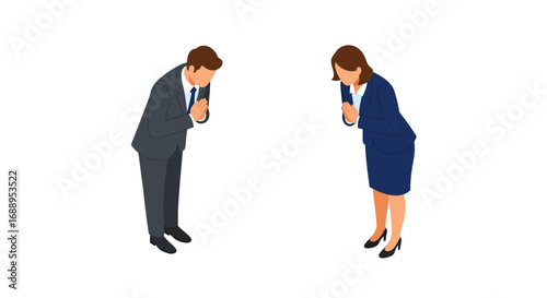Business professionals bowing in greeting gesture on white background