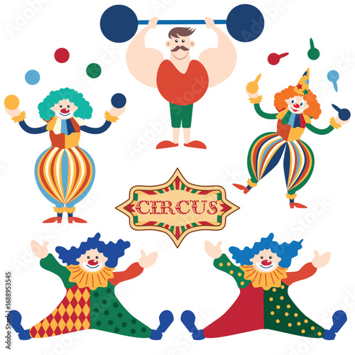 Circus chapito set. Vector characters of strongman, clown, juggler and magician. Cute elephant, lion, horse, zebra, seal and bear on circus stage