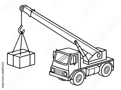 A simple, line-art style mobile crane on wheels, with its boom extended upward and hook carrying a concrete block. The vehicle’s cab and wheels are drawn with precision, all set against a plain white 