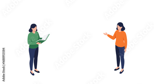 Isometric conversation: two women in casual attire engaging with book and gesture