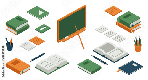 Isometric educational tools and classroom supplies collection