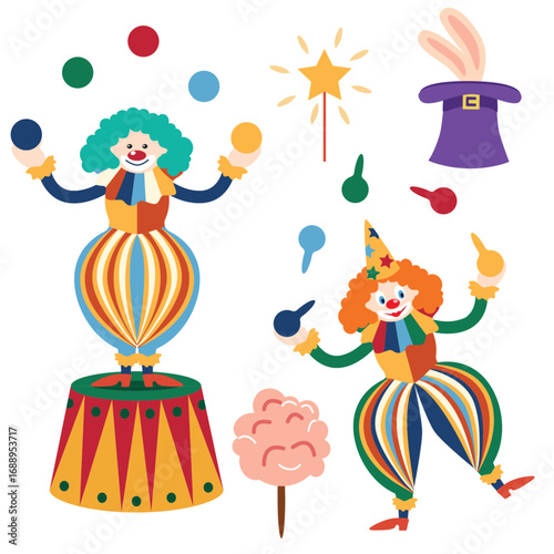 Circus chapito set. Vector characters of strongman, clown, juggler and magician. Cute elephant, lion, horse, zebra, seal and bear on circus stage