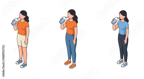 Isometric people drinking water: three women in casual outfits hydrating