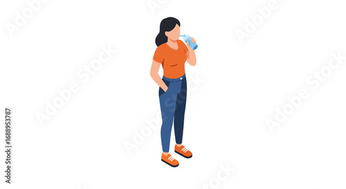 Isometric woman drinking water in casual outfit