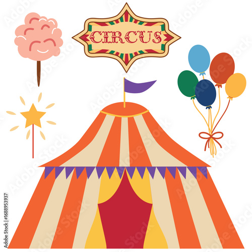 Circus chapito set. Vector characters of strongman, clown, juggler and magician. Cute elephant, lion, horse, zebra, seal and bear on circus stage