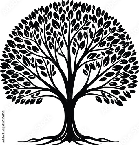 Black silhouette of a detailed tree with spreading branches, abundant leaves, roots, nature, growth, ecology, life, and organic design.