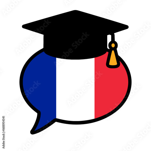 French language learning icon with graduation cap on speech bubble in flag colors