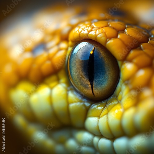 Extreme Macro Closeup of a Vibrant Yellow Snakes Eye with Intricate Scales and Reflective Surface.