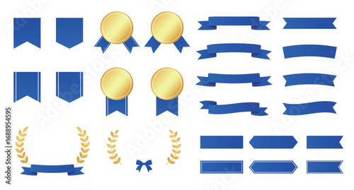 Blue ribbon and award badge vector set. Decorative banners, medals, and labels
