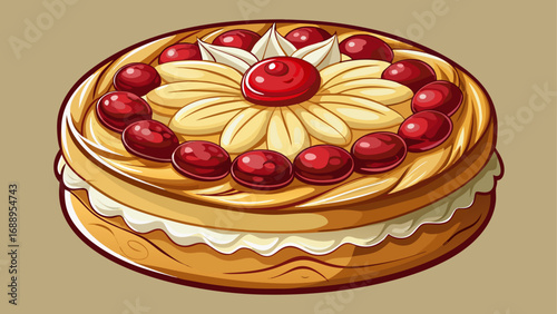 Golden gâteau basque filled with cream and cherry jam sits elegantly. Isolated background highlights Basque regional pride, rustic charm, and balance of simplicity with French pastry refinement.