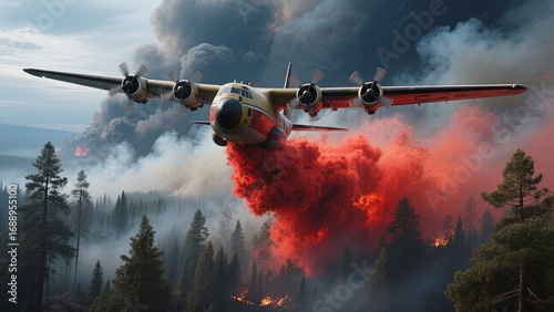Abstract wide-angle shot of firefighting jet releasing red retardant over burning forest.