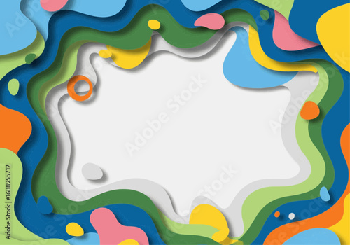 Abstract colorful wavy paper cut frame with a white copy space in the center.