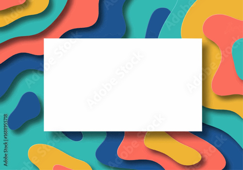 Abstract background with colorful layered wavy shapes creating a paper-cut effect around a central white rectangular frame.