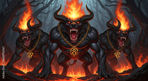 Dark Fantasy Art of Three Powerful Demonic Creatures with Flaming Heads, Red Eyes, Horns and Gold Chains in an Ominous Forest.