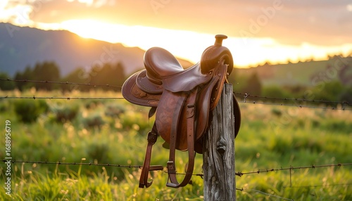 Wallpaper Mural A leather saddle rests on a rustic wooden fence post in a grassy field at sunset.  Golden light bathes the scene Torontodigital.ca